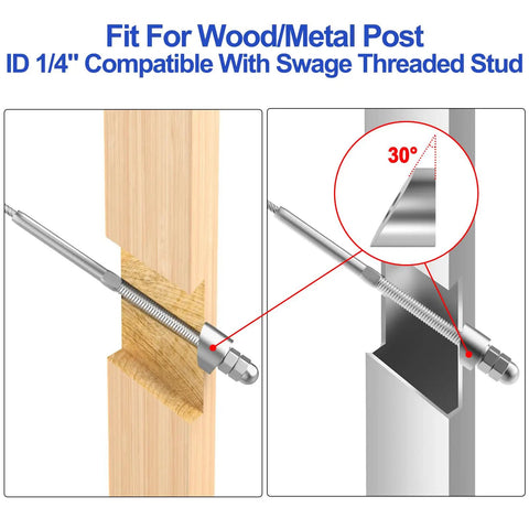 Angled Beveled Washer Set for Cable Railing, Fifty Pack, One Quarter Inch ID, showing 30-degree angle use on wood and metal post
