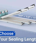 Rock Solid Impulse Heat Sealer With 20 Inch Wide Seal Bar showing adjustable sealing lengths of 20, 24, and 32 inches.