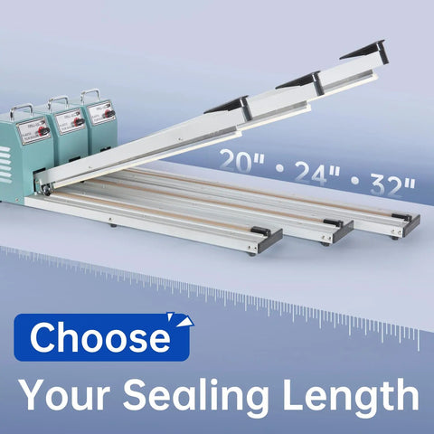 Rock Solid Impulse Heat Sealer With 20 Inch Wide Seal Bar showing adjustable sealing lengths of 20, 24, and 32 inches.