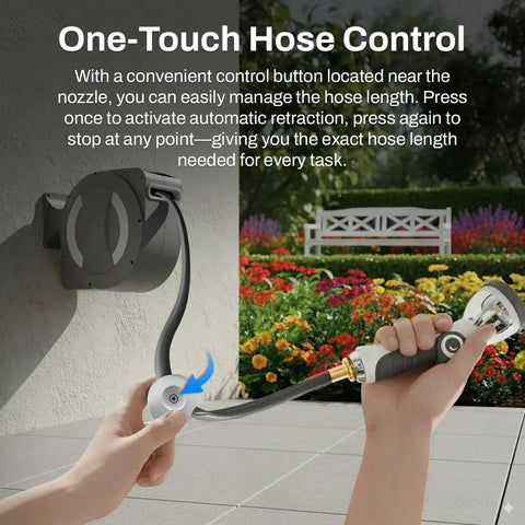 Person using Battery Powered Wall Mounted Retractable Hose Reel With Automatic Retraction, Dual Hose Length Control