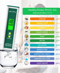 Digital pH and TDS Meter Combo With High Accuracy 0.01 pH Resolution in a glass of water with pH scale chart, green display