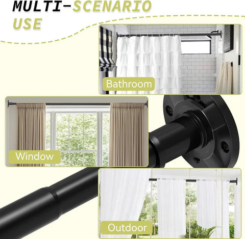 Scenes showing the No Drill No Screw Adjustable Tension Curtain Rod 31 To 112 Inches Matte Black Heavy Duty Spring Pole in use.