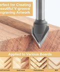 Built Like A Tank 60 Degree V Groove Router Bit With Premium Carbide Tipped Cutters And 1/4 Inch Shank on wood for engraving.