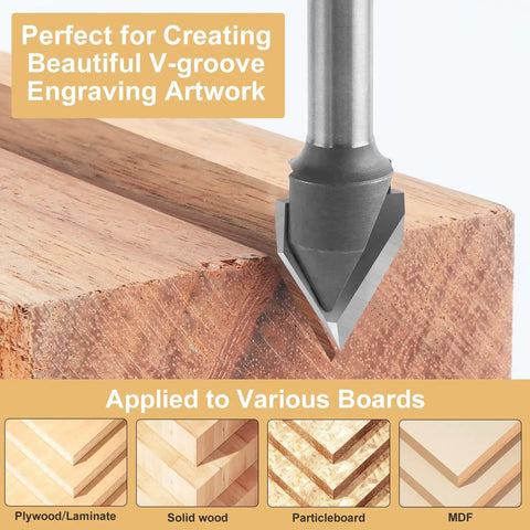 Built Like A Tank 60 Degree V Groove Router Bit With Premium Carbide Tipped Cutters And 1/4 Inch Shank on wood for engraving.