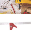 Premium Adjustable Woodworking Caliper And Straight Ruler With No Sweat Grip For Fast Angle Reading and Crisp Layout or Bevel Marking on a woodwork table.
