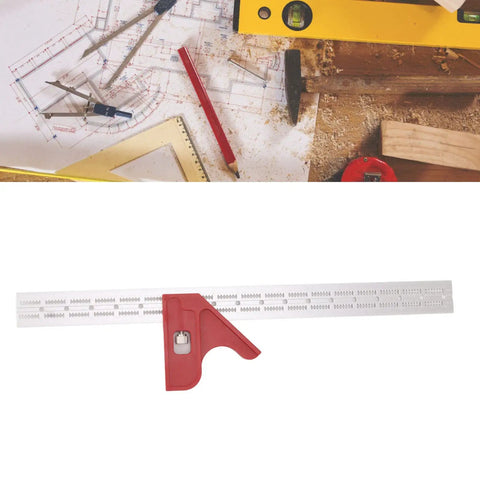 Premium Adjustable Woodworking Caliper And Straight Ruler With No Sweat Grip For Fast Angle Reading and Crisp Layout or Bevel Marking on a woodwork table.