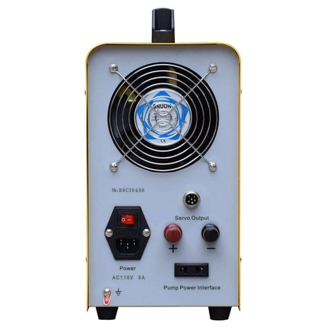 Front view of SFX EDM-8C 800W portable EDM tap burner with cooling fan, power switch, servo output, pump interface