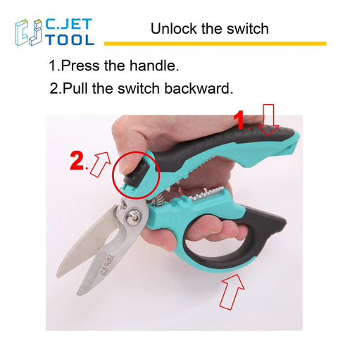 Hand holding 8 Inch Stainless Angle Electrician Scissors Heavy Duty Pro Tool For Aluminum And Copper Soft Cable with ergonomic grip.