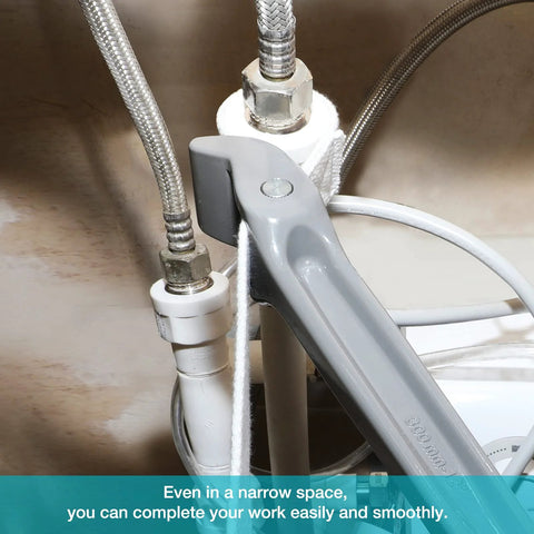 12 Inch Strap Wrench With Adjustable Nylon Strap being used on pipes, showcasing its non marring grip and I-Beam aluminum handle in tight space