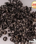 Premium Rugged Top Shelf Badass Black Screwback Cone Spike Studs For Leather Boots And Workwear And 200 Set Heavy Duty Zinc Alloy Hardware laid out in a pile.