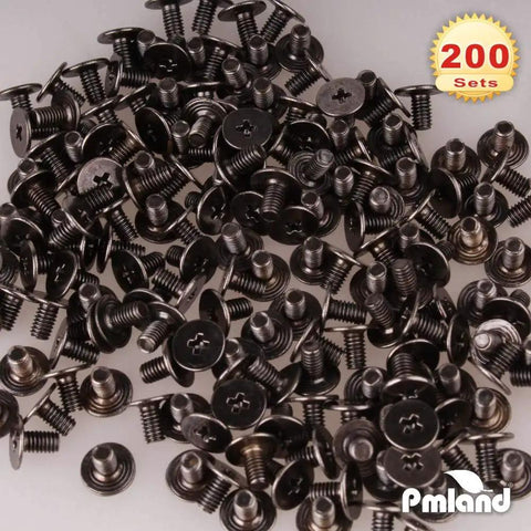 Premium Rugged Top Shelf Badass Black Screwback Cone Spike Studs For Leather Boots And Workwear And 200 Set Heavy Duty Zinc Alloy Hardware laid out in a pile.