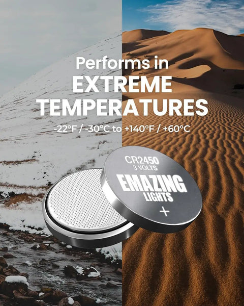 CR2450 3V Lithium Coin Cell Battery 20 Pack heavy duty button cell on snowy and sandy backgrounds showing performance in extreme temperatures.