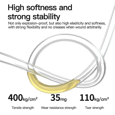 Clear 8mm OD 5mm ID Polyurethane Tubing shown with flexibility and strength metrics for pneumatic systems and air compressors.