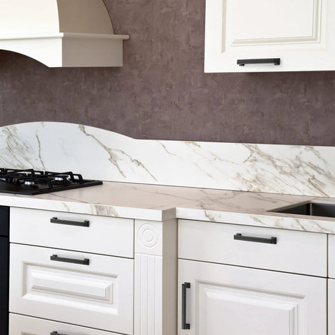 Matte Black Cabinet Pulls 5 Inch 128mm Hole Centers Zinc Alloy Drawer Handles installed on kitchen cabinets.