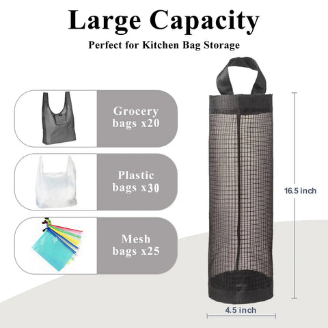 Hanging Mesh Bag Holder Dispenser For Plastic Grocery Bags, Space Saving Organizer With Elastic Opening, Black, 2 Pack