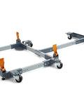 Heavy Duty Mobile Base And Table Saw Extension Combo Rock Solid Shop Workhorse with swivel casters and foot locked brakes.
