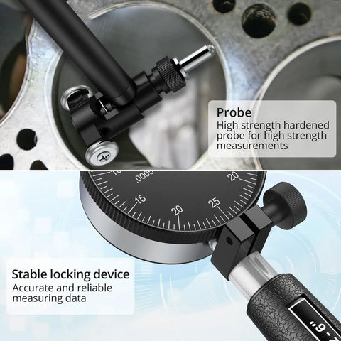 Pro Grade Dial Bore Gauge 2 To 6 Inch Kit With 0.001 Inch Accuracy And 0.25 Inch Dial Indicator, probe and locking feature close-up