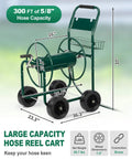 Heavy Duty Garden Hose Reel Cart With Four PU Wheels And Storage Basket Holds Up To 300 Ft Of 5/8 Inch Hose, dimensions labeled