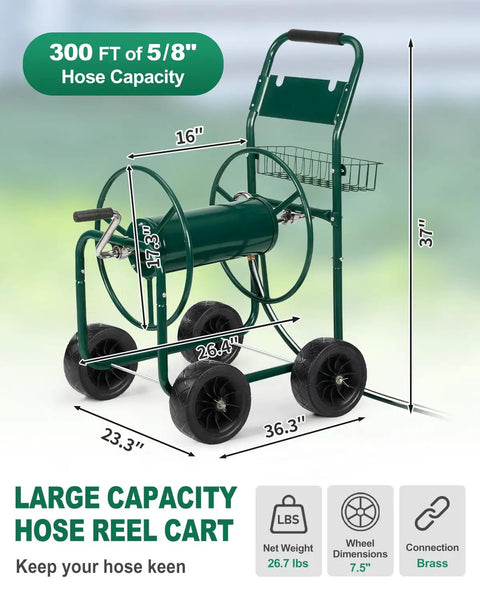 Heavy Duty Garden Hose Reel Cart With Four PU Wheels And Storage Basket Holds Up To 300 Ft Of 5/8 Inch Hose, dimensions labeled