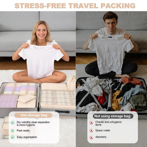 Comparison of luggage with and without the 8 Piece Travel Packing Cubes Set With Shoe Bag And Hanging Toiletry Organizer Durable Luggage Organizers Made From Water Repellent Tear Resistant Polyester A Total Must Have For Cruise Ship Trips Planes Road Trips Camping And Vacations.