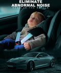 Sleeping baby in car seat above a parked luxury car at night with 'Eliminate Abnormal Noise' text overlay.