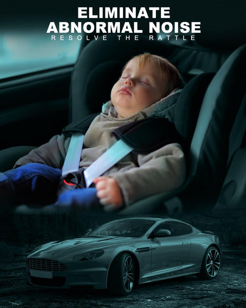Sleeping baby in car seat above a parked luxury car at night with 'Eliminate Abnormal Noise' text overlay.