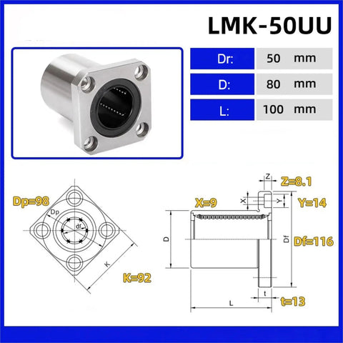 Low Noise 50mm Square Flange Linear Bearing for 3D Printers and CNC Machines, High Precision Bearing Steel Guide for Silky Smooth Motion and Reliable, Quiet Performance in Tight Workspaces, LMK-50UU with dimensions
