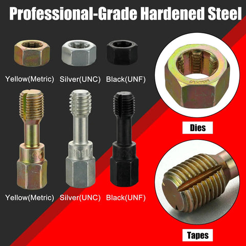 61 Piece Thread Chaser Set For Rethreading And Bolt Repair Pro Grade, SAE And Metric Taps Dies, Thread Files And Pitch Gauges, Restore Rusted Threads Without Replacing Bolts, Perfect For Home Mechanics And DIY Buffs with various colored metric taps and dies