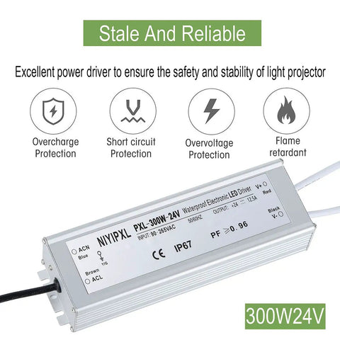 Go-To 300W LED Driver 24V DC Power Supply IP67 Waterproof LED Transformer showing protection features