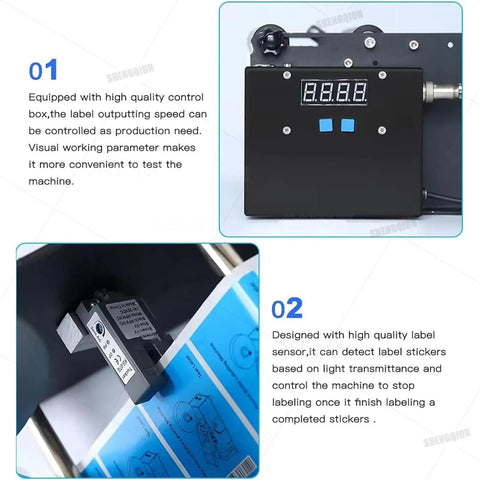 No Sweat Heavy Duty Round Bottle Labeling Machine With Smart Digital Control showing control box and label sensor features.