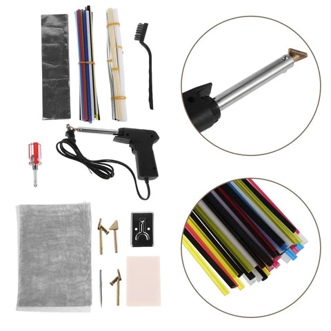 Top Rated Portable Plastic Welding Repair Kit For Car Bumper And Auto Body Parts Spot Welder Tool With Comfortable Grip Handle featuring welding gun, plastic rods, and tools.