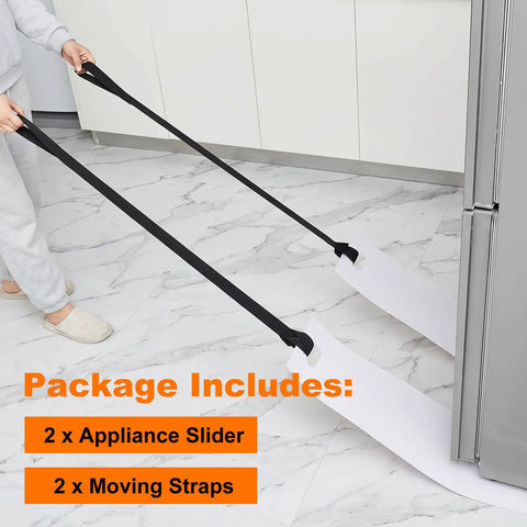 Person using Two Pack Long Appliance Sliders With Pull Straps Furniture Moving Mats 8 By 60 Inches to move a fridge on tile floor.