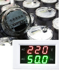 Zero Fuss Dual Led Ac Voltmeter And Ammeter Combo Reading 80 To 500 Volts Plus 45 To 65 Hertz Frequency Data For Car Boat House And DIY Setup Project White showing measurement readings against multiple meters.