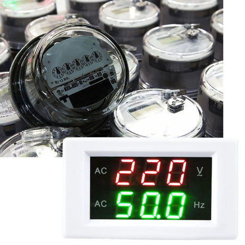 Zero Fuss Dual Led Ac Voltmeter And Ammeter Combo Reading 80 To 500 Volts Plus 45 To 65 Hertz Frequency Data For Car Boat House And DIY Setup Project White showing measurement readings against multiple meters.