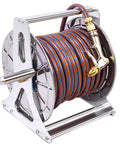 Premium Garden Hose Reel Featuring Easy Rewind Lightweight Build And Six Function Spray Nozzle on silver stand