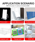 Various acrylic displays including phone stand, book rack, conference board, collection rack, receipt card, and shoe rack.