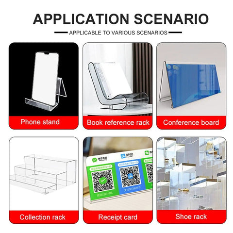 Various acrylic displays including phone stand, book rack, conference board, collection rack, receipt card, and shoe rack.