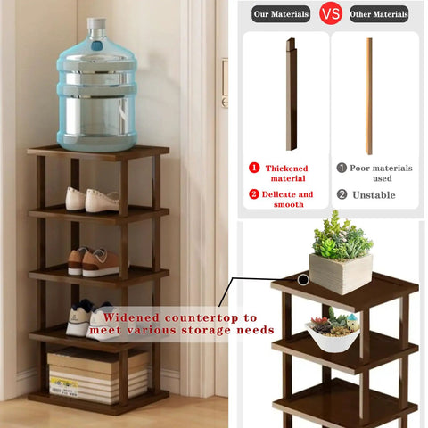 Slim 5 Tier Bamboo Shoe Rack For Small Spaces Tall Narrow Organizer with water bottle and shoes