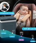Portable 27 Quart Electric Cooler And Warmer For Car Or Home With Handle 12V/24V DC And 100-240V AC keeping drinks cold beside sleeping baby.