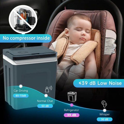 Portable 27 Quart Electric Cooler And Warmer For Car Or Home With Handle 12V/24V DC And 100-240V AC keeping drinks cold beside sleeping baby.