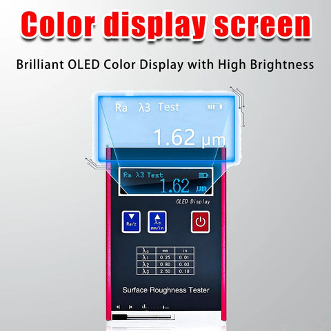 Roughness Meter Surftest Pro-Grade With 0.01μm Precision, High Speed DSP Profilometer, OLED Display preview showing measurements