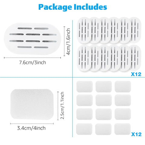Cat Water Fountain Replacement Filters And Pre Filter Sponges Kit showing 12 filters and 12 sponges with dimensions.