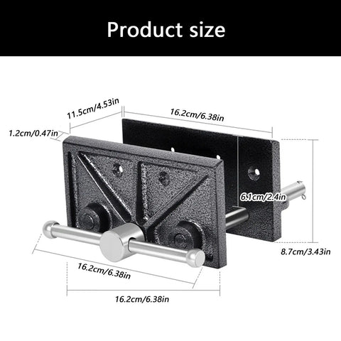Heavy Duty Woodworker Vice Bench Clamp With Smooth Gliding Rails For Precise Clamping Tasks And Rock Solid Desktop Workbench Holding Power, showing product dimensions and features.
