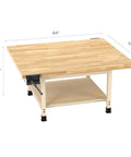 Solid As A Rock 4 Station Wood Workbench With Dual Vises And 64 By 54 Inch Spread showing hardwood top, dimensions 64x54 inches.
