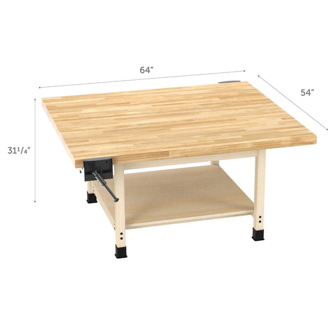 Solid As A Rock 4 Station Wood Workbench With Dual Vises And 64 By 54 Inch Spread showing hardwood top, dimensions 64x54 inches.