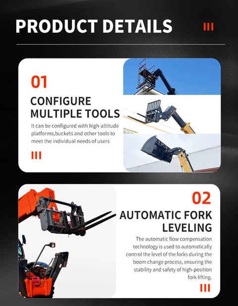 Heavy Duty Telescopic Boom Handler Forklift With Smart Transmission And Auto Leveling Frame, configured for multiple tools and automatic fork leveling.