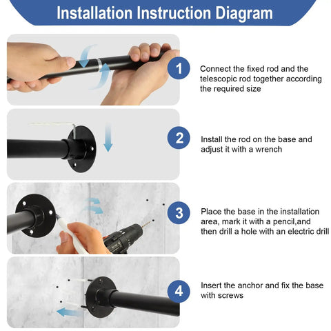 Rock Solid Black Corner Shower Curtain Rod, Adjustable 24 To 53 Inches, L Shaped 90 Degree With Ceiling Support, Includes 12 Ring Hooks, No Slip Installation For A Strong Bathroom Upgrade installation diagram showing screw mount steps