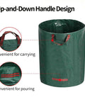 Reusable green leaf bag with up-and-down handle design, showing convenient carrying and pouring features.