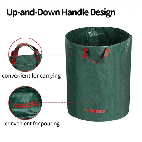 Reusable green leaf bag with up-and-down handle design, showing convenient carrying and pouring features.