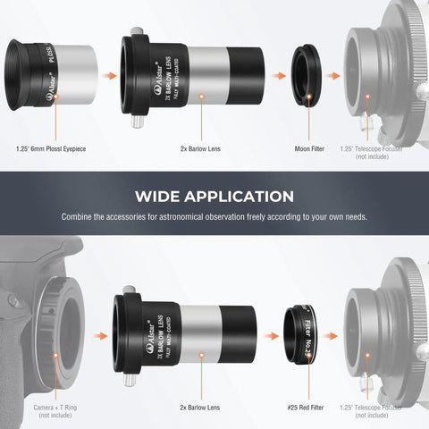 Diagram of Beginner Telescope Accessory Kit With 8 Pieces Featuring Fully Coated Eyepieces, 2X Barlow Lens, and Moon Filter